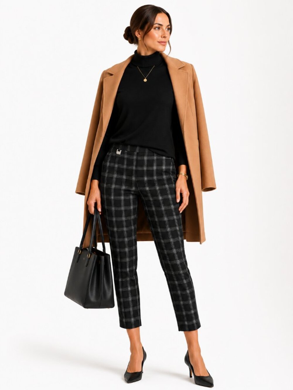 Zoe + Phoebe Black Windowpane Plaid Pull On Ankle Academia Trousers Size M